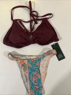 wild fable Maroon Shimmer Triangle Top with Teal Paisley Bottom